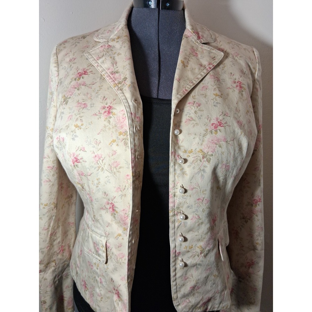 VTG Chaps Large Ralph Lauren Blazer Top Jacket Cream Pink Rose Pearl Bridgerton